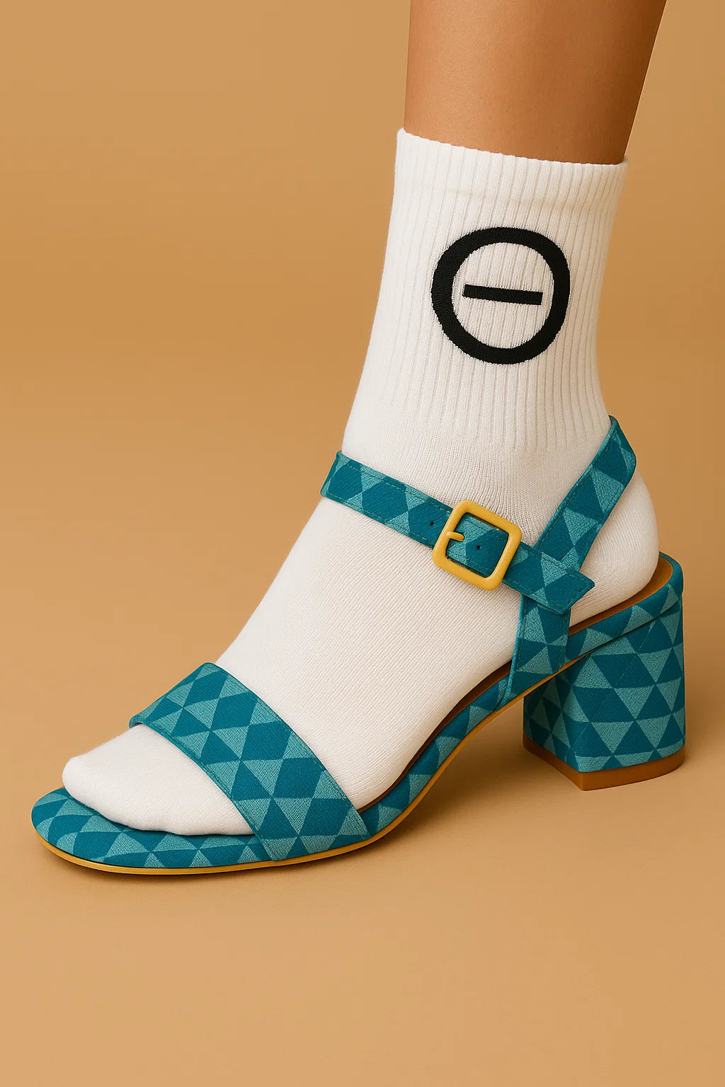 Blue Geometric Print Block Heel Ankle-Strap Sandals