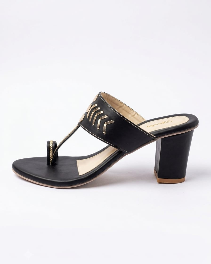 Black Ethnic Kolhapuri Triangle Heels Sandal