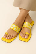 Yellow Embroidered Floral Strap Flats with Cushioned Footbed, Toe Loop Accent & Contemporary Square-Toe Look