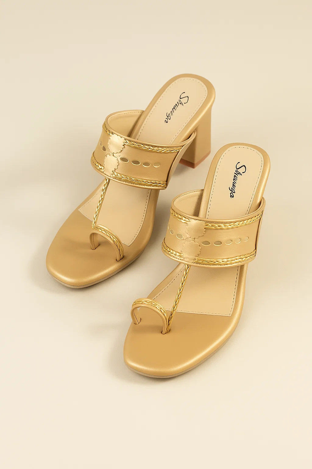 Shunya Women's Gold/Gold Open Round Toe Kolhapuri Sandals | Ethnic Toe Ring sandals | Stylish Classy Ethnic Block Heels | Hand Braids Kolhapuri for Ethnic and Wedding Occasions