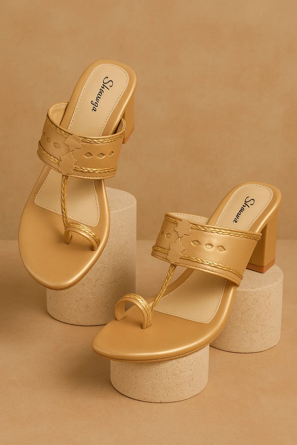 Shunya Women's Gold/Gold Open Round Toe Kolhapuri Sandals | Ethnic Toe Ring sandals | Stylish Classy Ethnic Block Heels | Hand Braids Kolhapuri for Ethnic and Wedding Occasions